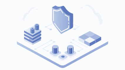 Poster - Isometric illustration of a shield with data blocks and cylinders on a white platform with clouds above
