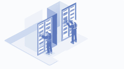 Poster - Isometric view of two workers in blue uniforms examining server racks in a data center environment space
