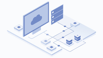 Poster - Isometric representation of a cloud computing network with server and data connections shown clearly here