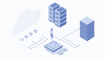 Poster - Isometric illustration of cloud computing with server stacks and a person standing in the center