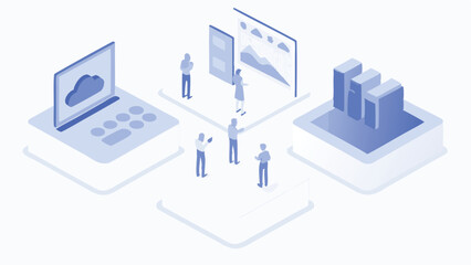 Poster - Isometric illustration of cloud computing with people analyzing data on screens and servers