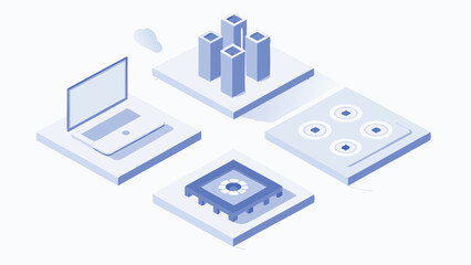 Poster - Isometric view of laptop towers circuit board and data storage on platform design concept art