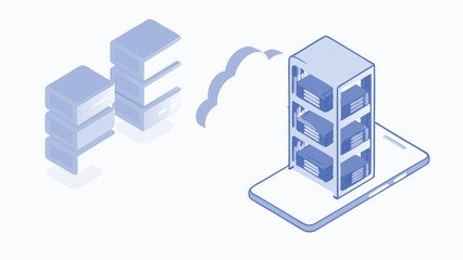 Poster - Isometric illustration of data transfer from cloud to server on a mobile device interface