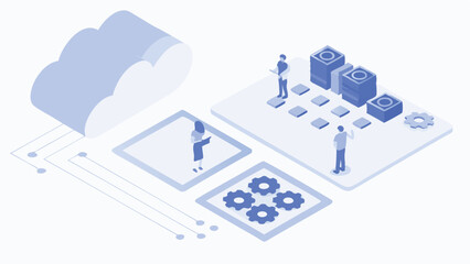 Poster - Isometric view of cloud computing platform with people interacting with data and configurations