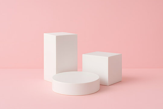 White podium, pastel pink background