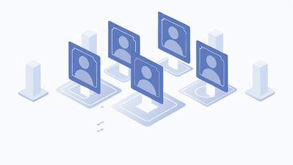 Poster - Isometric representation of user profiles with blue icons and simple geometric shapes design concept