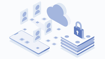Poster - Isometric view of data protection with cloud, people, phone and padlock in soft blue color scheme
