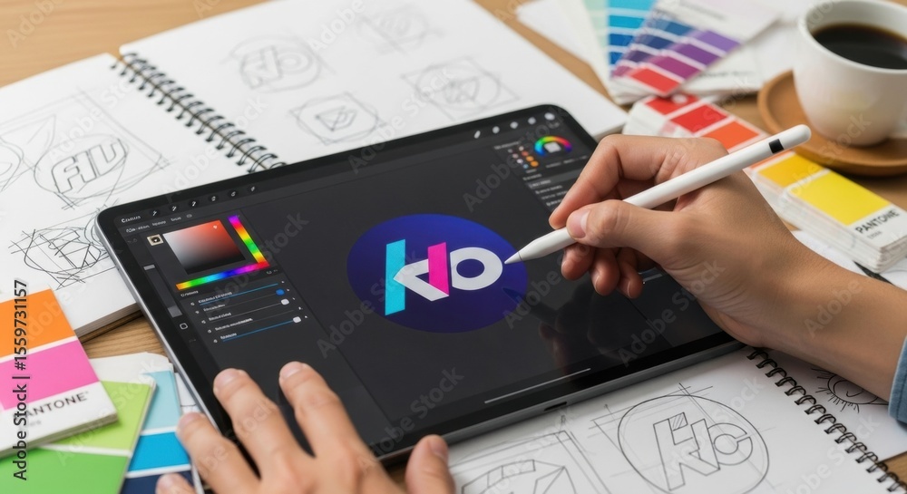 Graphic designer creating digital logo on tablet in design studio Stock ...