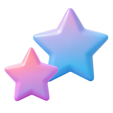 Two glossy 3d rendered stars in pink and blue gradient isolated on transparent background