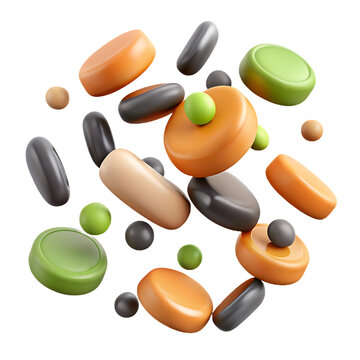 A collection of colorful 3d rendered abstract shapes and spheres floating in space isolated on transparent background