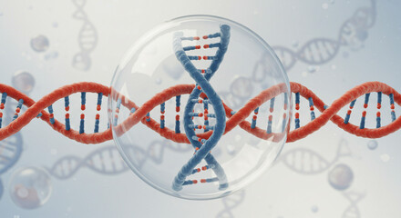 Poster - Red and blue dna strands with a dna strand encased in a clear bubble on a light background rendering