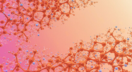Poster - Orange molecular structure with blue spheres on a gradient pink and orange background abstract design