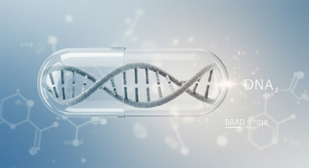 Poster - Dna helix inside a capsule on a light blue background with molecular structures and dna text visible