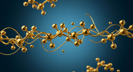 Poster - Golden molecular structure with spheres and curved lines on a blue gradient background view
