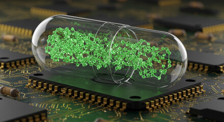 Poster - A capsule with green molecular structure inside resting on a computer chip circuit board surface
