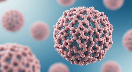 Poster - Close up of several spherical virus particles with pink and blue coloration on a light blue background