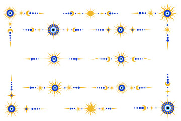 Wall Mural - Evil eye magic border with celestial stars. Turkish and Greek astrology ornamental corner. Spiritual bead nazar is the symbol of luck and protection. Ornate separator and divider. Vector illustration