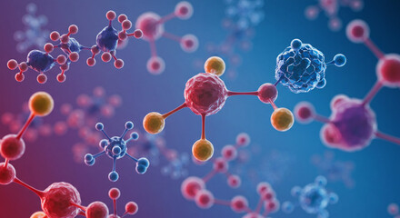 Poster - Molecular structure rendering with connected spheres and rods in blue and red gradient background view