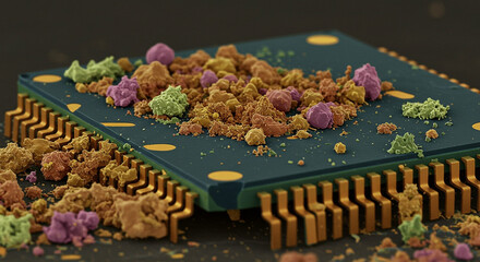 Poster - Close up of a microchip covered in small colorful particles with golden pins on a dark background