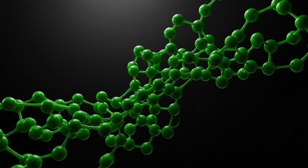 Poster - A green molecular structure with connected spheres against a dark background in a close up view
