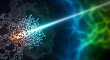 Poster - A beam of light striking a complex molecular structure against a colorful abstract background