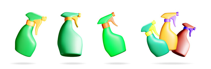 Leinwandbilder - Cleaning spray bottles for home cleanup. Set of household chemical products with trigger dispenser. Cartoon 3d vector illustration.