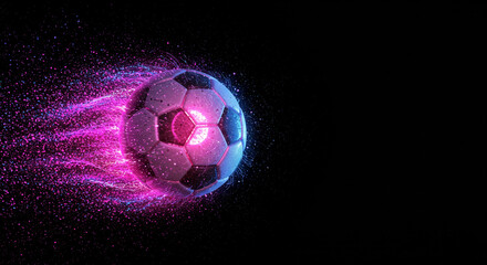 Poster - A soccer ball with pink and blue glowing particles trailing behind it on a black background