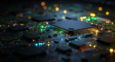 Poster - Close up view of a dark circuit board with integrated chips and glowing lights in the background