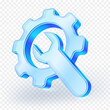 © Vectorman2017 - Icon 3d glass blue gear with a wrench overlaid. Represents settings, configuration, repair, maintenance, and technical support. Ideal for technology and business themes. vector illustration.