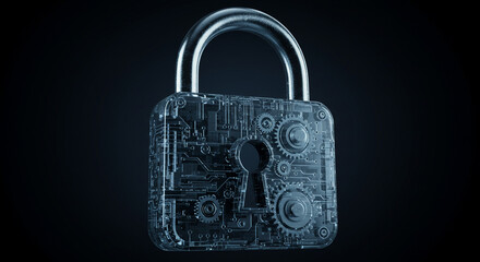 Poster - A transparent padlock with internal gears and circuitry against a dark background in a studio shot