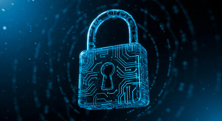 Poster - A glowing blue padlock with circuit board pattern against a dark blue abstract background with particles