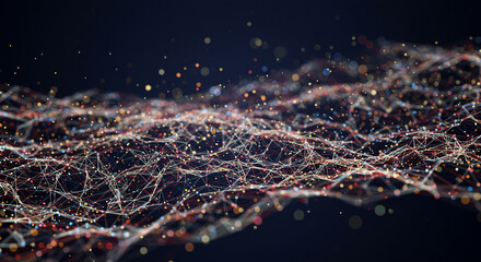 Poster - Abstract network of interconnected lines and dots with bokeh lights on a dark blue background