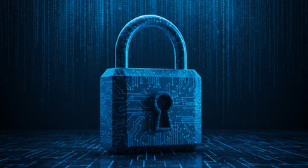 Poster - A digital padlock with circuit board design on a dark blue background with digital rain effect