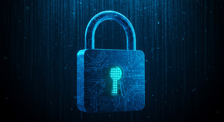 Poster - Glowing blue padlock with circuit board pattern against a dark blue background with light streaks