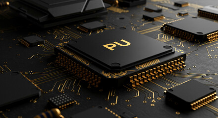 Poster - Close up of a pu chip on a circuit board with gold accents and black components in a detailed view