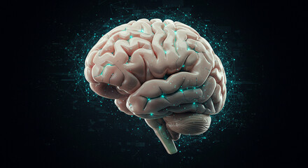 Poster - A realistic human brain model with glowing green connections on a dark abstract background design
