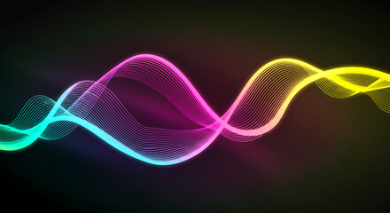 Poster - Abstract neon light waves flowing horizontally across a dark background with vibrant colors