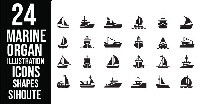 Collection of black and white ship icons and illustrations in a graphic design layout with text