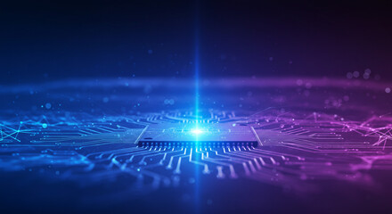 Poster - Illuminated microchip with intricate circuit patterns on a gradient blue and purple background design