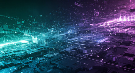 Poster - Abstract futuristic cityscape with glowing lines and data visualizations in teal and purple hues