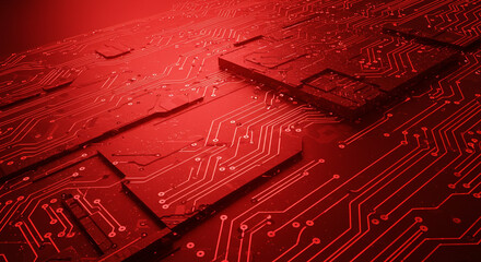 Poster - A red toned close up of a circuit board with intricate patterns and electronic components visible on it