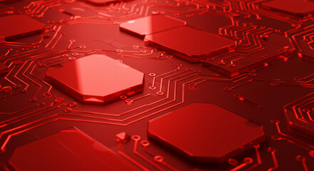 Poster - A close up view of a red circuit board with chips and intricate wiring patterns visible throughout it