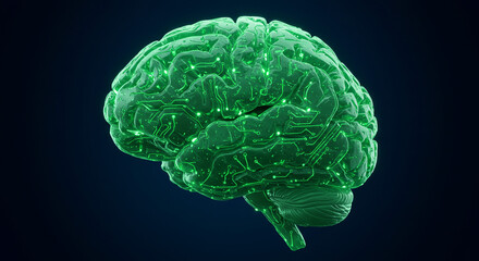 Poster - A glowing green brain with circuit patterns against a dark blue gradient background design concept