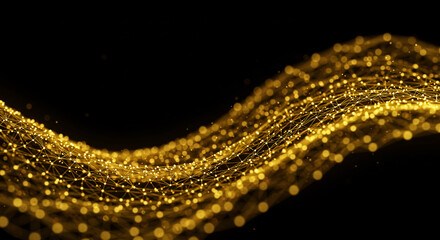 Poster - Golden network with connected points and lines flowing on a black background in an abstract formation