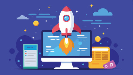 Illustration of a rocket launching from a computer screen with clouds and stars in the background design