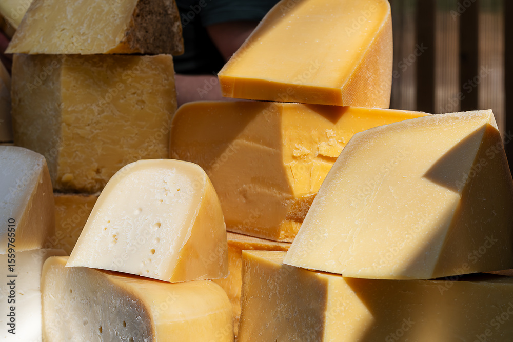 Various types of cheese blocks arranged on a stall, showcasing a ...