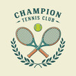 © purrvector - Vintage tennis racket with tennis ball and laurel leaves, classic sports emblem style for club logo design