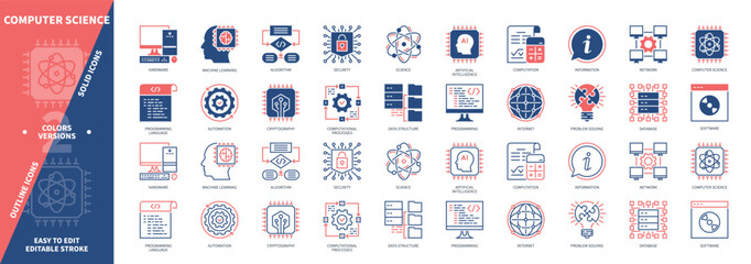 Leinwandbilder - Computer Science icon set. Computation, Automation, Software, Science, Algorithm, Data Structure, Machine Learning, Hardware. Duotone color solid and editable outline icons