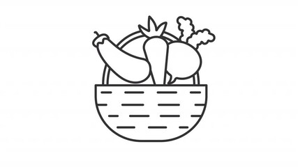 Poster - Animated basket with vegetables line icon. Harvesting fresh fruits in kitchen garden animation. Traditional food production at farm. Outline element on white background. HD video with alpha channel