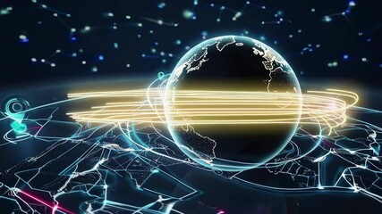 Poster - Earth rotating with glowing rings and network connections